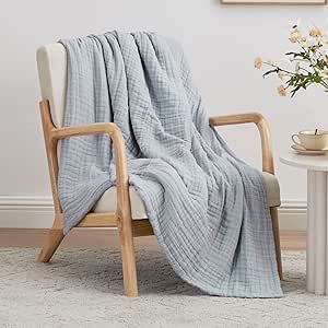 Love's cabin 6 Layer Cotton Muslin Blanket, 55"x80" Twin Muslin Blanket for Couch Bed, Bluish Grey Muslin Throw Blanket, Cotton Gauze Blanket for Adult, Lightweight and Breathable Blanket All Season