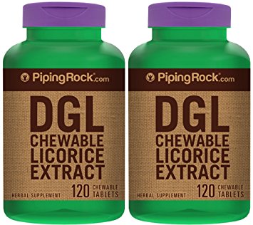 Piping Rock DGL Chewable Licorice Extract 3800 mg Mega Potency Deglycyrrhizinated 2 Bottles x 120 Tablets Herbal Supplement