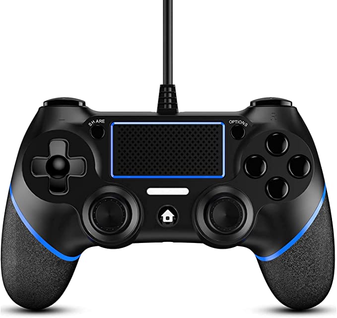 JAMSWALL Wired Controller, Professional USB PC Wired Gamepad Plug and Play Replacement for PS4 Controller with Motion Motors Mini LED Indicator and Anti-Slip Design(Black&Blue)