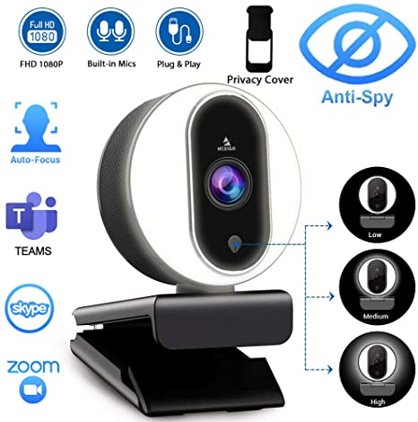 1080P Webcam with Ring Light, Privacy Cover and Dual Microphone, Advanced Auto-Focus, Adjustable Brightness, 2020 NexiGo Streaming Web Camera for Zoom Skype Facetime, PC Mac Laptop Desktop