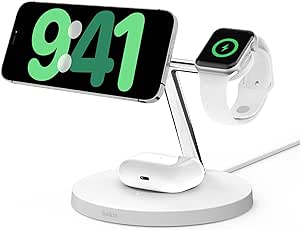 Belkin BoostCharge Pro 3-in-1 Wireless Charger with Qi2 for iPhone 15, 14, 13 and 12   Apple Watch   AirPods (Magnetically Charges iPhone 15, 14, 13 and 12 Models up to 15W) - White