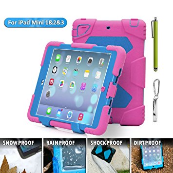 ACEGUARDER Apple Ipad Mini 2 Case Waterproof Rainproof Shockproof Kids Proof Case for Ipad Mini 2 (Gifts Outdoor Carabiner   Whistle   Handwritten Touch Pen) (ROSE/LIGHT BLUE)