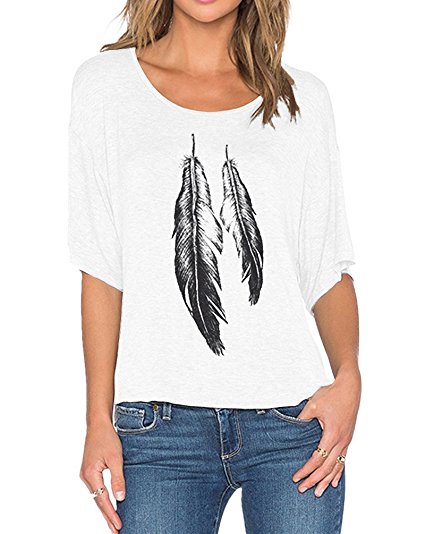 Romastory Womens Street Style Feather Pattern T-shirts Casual Loose Top Tee Shirts