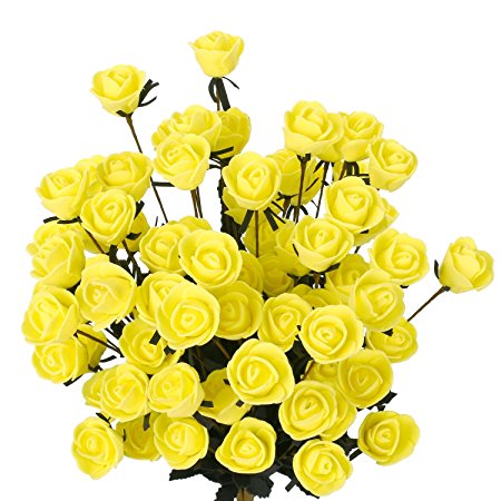SOLEDI 15 Heads Roll Heart Roses Foam Flower Arrangement Artificial 5 Bundles(75 flowers)(Yellow)