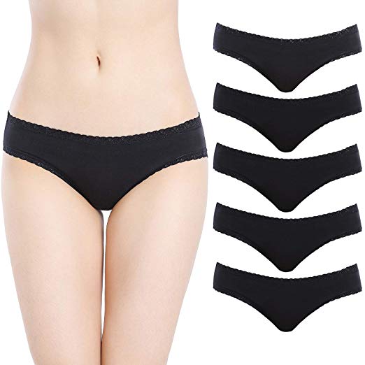 HBY Women's Underwear Cotton Bikini Panties Lace Trim Hipster Panty Comfy Briefs Pack of 5
