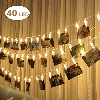 40 LED Photo Clips String Lights - Adecorty USB Powered Christmas String Lights for Wedding Party Home Dorm Wall Decor, Clips Lights for Christmas Cards Photos, Best Gifts for Teen Girls (Warm White)