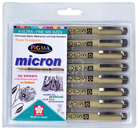 Sakura Pigma Micron Fine Line Pens - Set Of 8 Assorted Nibs In Black Colour (003,005,01,02,03,05,08 And Pn Tip)