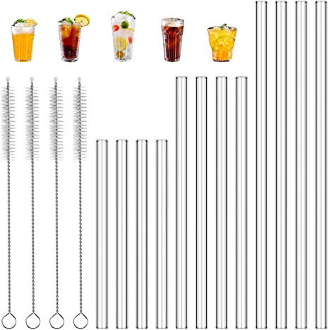 Qisiewell Reusable Glass Drinking Straws - 12 x Straws 4x26cm 4x20cm 4x15cm 4 x Cleaning Brushes - Smoothie Straws for Milkshakes, Frozen Drinks, Bubble Tea, Fruit Juice