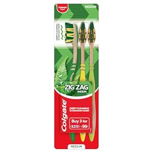 Colgate Adult Zigzag Neem Medium Bristle Manual Toothbrush - 3 Pcs, Soft-Tongue Cleaner, Mullti-Angled Cross Bristles, Black