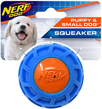 Nerf Dog TPR EXO Squeak Ball Dog Toy, Lightweight, Durable and Water Resistant, Single Unit, Blue/Orange