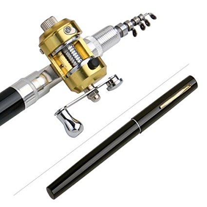 Black Mini Pocket Aluminum Alloy Pen Fishing Rod Pole w/ Reel