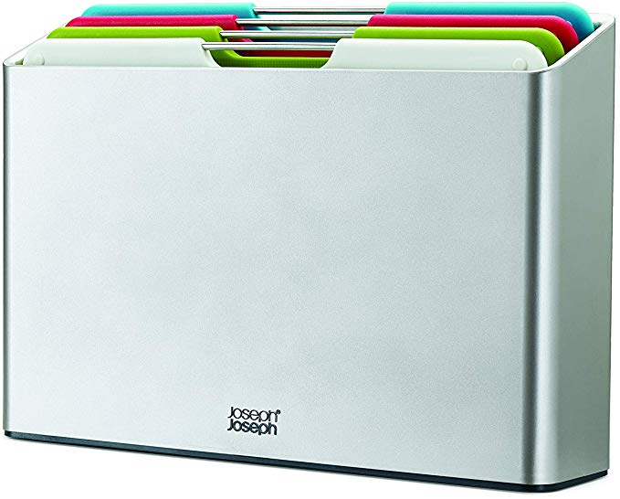 Joseph Joseph 60187 Folio Plastic Cutting Board Set with Storage Case Color-Coded Easy-Access Design Dishwasher Safer Non-Slip, Small, Silver