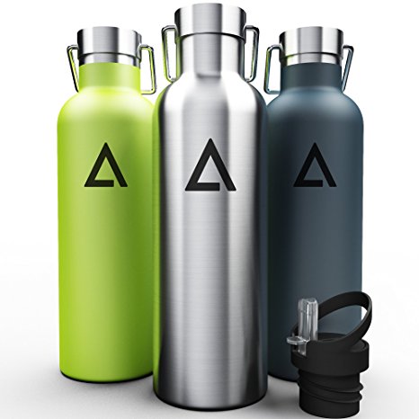 Avvio Hydro – Insulated Stainless Steel Water Bottle Flask with Wide Mouth Double Wall Sport Water Bottle BPA Free   2 Lids (Flip Straw & Stainless Lid) Canteen Tumbler Travel Mug 21 OZ