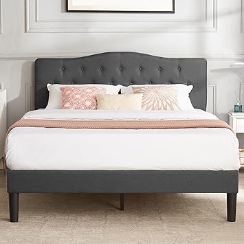 VECELO Classic Queen Upholstered Platform Bed Diamond Stitched Cloth Panel Headboard/Mattress Foundation/Easy Assembly/Strong Slat Support, Grey