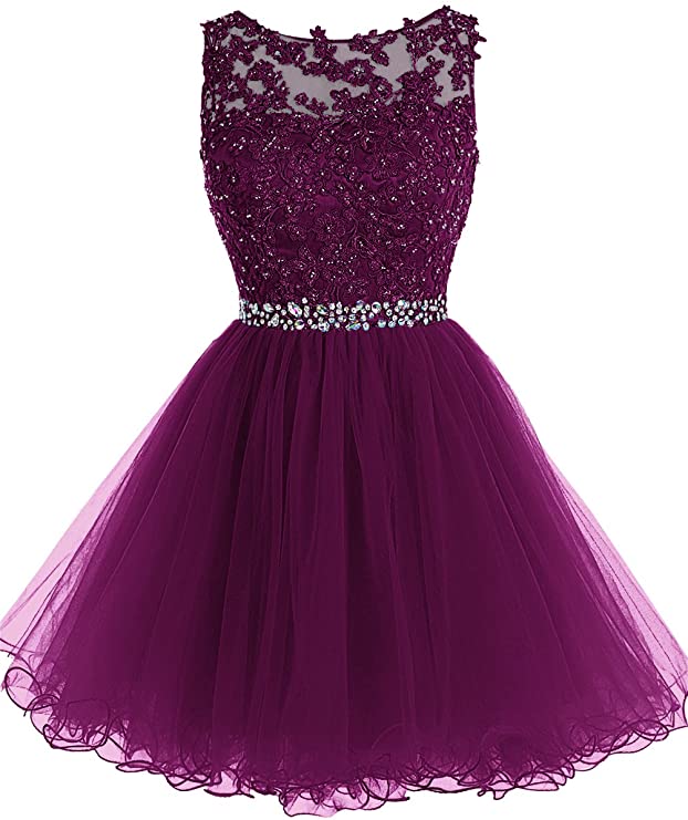 Tideclothes Short Beaded Prom Dress Tulle Applique Homecoming Gowns TC10198GrapeUS2