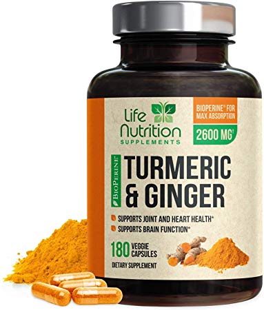 Turmeric Curcumin Highest Potency 95% Standardized with BioPerine and Ginger 2600mg - Black Pepper for Best Absorption, Made in USA, Best Vegan Joint Pain Relief, Turmeric Ginger Pills - 180 Capsules