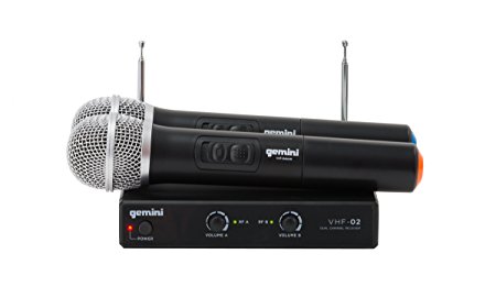 Gemini VHF Series VHF-02M Professional Audio DJ Equimpent Superior Dual Channel Wireless VHF System and Handheld Microphones (Set of 2) with 100ft Opereating Range