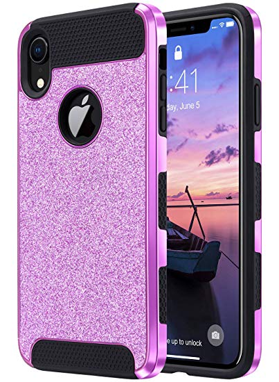 ULAK iPhone XR Case, Luxury Glitter 2 in 1 Dual Layer Slim Fit Soft TPU Hard Laminated with Sparkly Shiny Faux Leather Chrome Shockproof Protective Cover, Purple