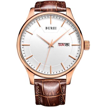 BUREI Mens Day and Date Calendar Rose Gold Precise Quartz Watch Wristwatch with Brown Leather Strap