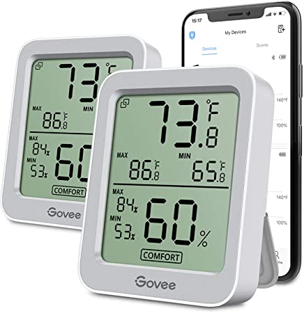 Govee Indoor Hygrometer Thermometer 2 Pack, Smart Humidity Temperature Gauge with Large LCD Display, Notification Alert with Max Min Records, 2 Years Data Storage Export for Room Greenhouse, Grey