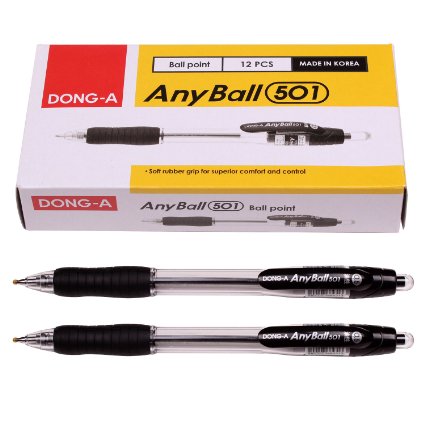 Dong-a Anyball 501 0.5 mm Retractable Ballpoint Pens Box of 12 (Black)