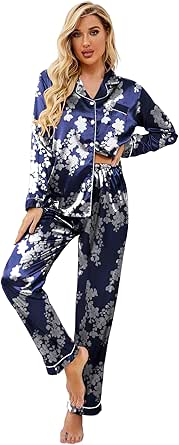 Ekouaer Women's Classic Button Down Long Satin Silk Pajama Set