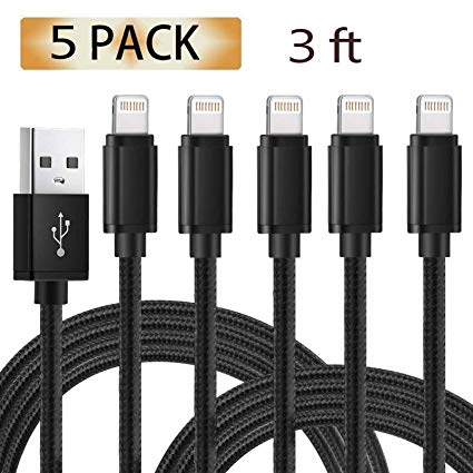 iPhone Charger, Lightning Cable, 5 Pack (3Ft) Nylon Braided Charging Cable USB Charger Data Sync Cord Compatible with iPhone 7 / 7Plus / 8 /8Plus /Xs/XR/XS Max /6/6 Plus /6s Plus/SE /5 /5S /5C, Black