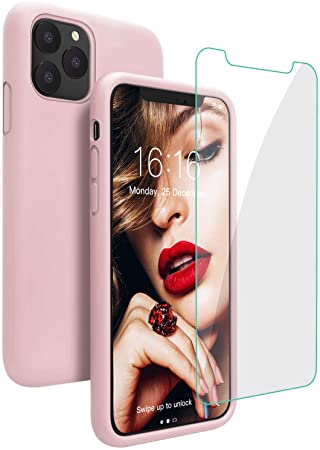 JASBON Case for iPhone 11 Pro Max,Silicone Shockproof Phone Case with Tempered Screen Protector Gel Rubber Drop Protection 6.5 inch Cover for iPhone 11 Pro Max 2019-Sand Pink