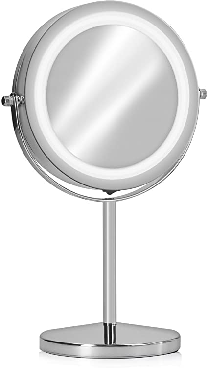 Navaris LED Illuminated Makeup Mirror - Two-Sided Vanity Mirror with Normal and 7x Magnification - 2-in-1 360° Swivel Cosmetics Mirror - Silver