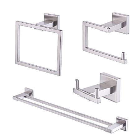 KES 4-Piece Bathroom Accessory Set, Includes Double Towel Bar, Toilet Paper Holder, Towel Ring, Double Robe Hook - SUS 304 Stainless Steel Brushed Finish Wall Mount, LA242-43