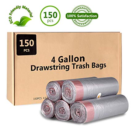 Small Drawstring Trash Bags 4 Gallon, Dekun Garbage Bags for Office, Home Wastebaskets/Trash Cans, 15 Liter, 150 Counts, Silver