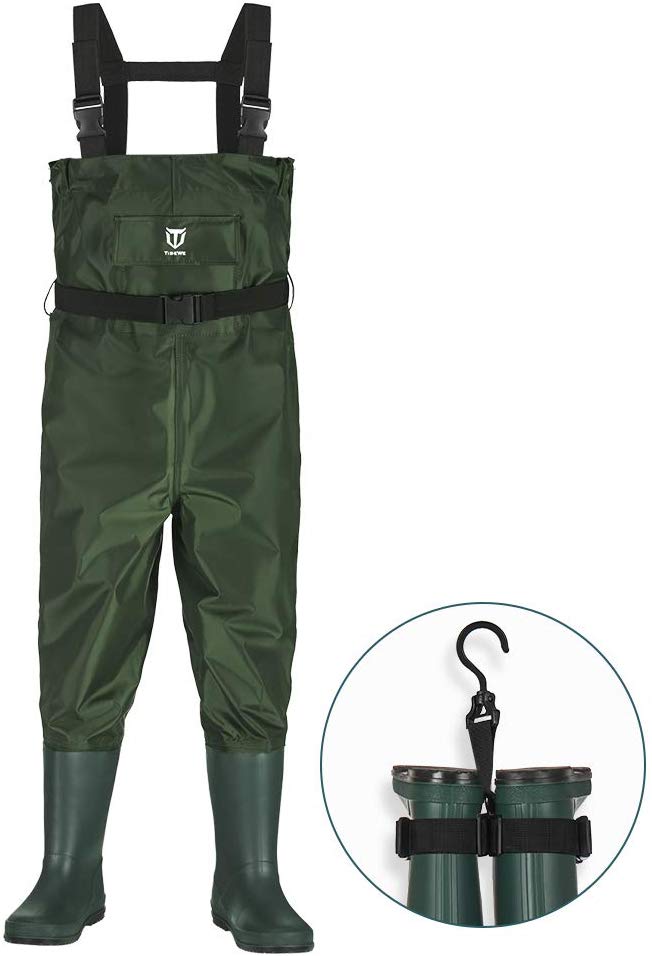 TideWe Chest Waders for Kids, Waterproof Youth Waders with Boot Hanger, Lightweight Durable PVC Kids Chest Waders with Boot for Fishing & Hunting (Green)