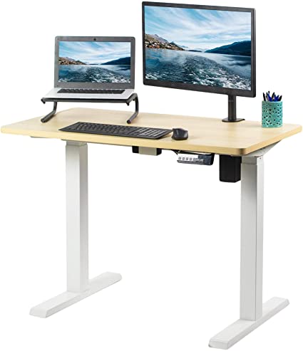 VIVO Electric 43 x 24 inch Stand Up Desk | Light Wood Table Top, White Frame, Height Adjustable Standing Workstation with Push Button Controller (DESK-KIT-E5W4C)