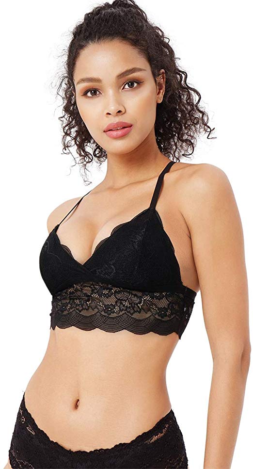 BRABIC Women Lace Bra Padded Triangle Bralette Halter Lacy Lingerie Top Deep V Wireless Ultra Soft Cup
