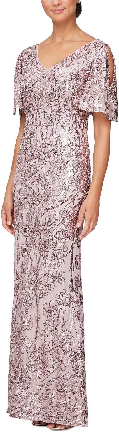 Alex Evenings Women's Sequin Stretch Lace Cold Shoulder Gown