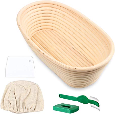 Wooputne Bread Proofing Basket, Handmade Rattan Bamboo Dough Baskets with line Cloth Bread Lame Dough Scraper for Banneton Bread Baking(Oval)