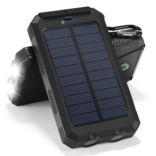 Solar Charger, 10000mAh Solar Power Bank Portable Battery Pack Cellphone Charger with 2 LED Flashlights, Solar Panel with Compass and Carabiner for iPhone and Android Cellphones(Black)