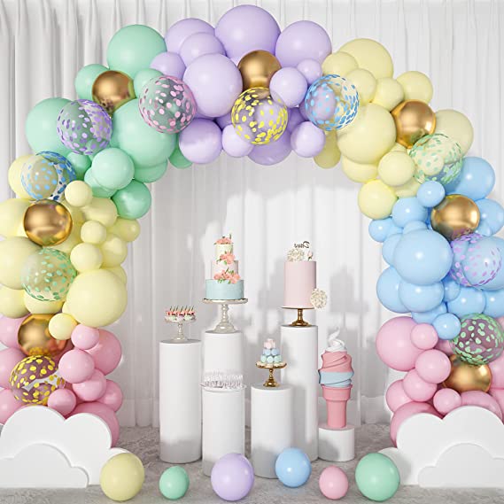 135 PCS Pastel Balloon Garland Kit, Rainbow Macaron Unicorn Baloon Arch, Colorful Gold Confetti Balloons for Pastel Birthday Baby Shower Wedding Ice Cream Party Decorations Supplies