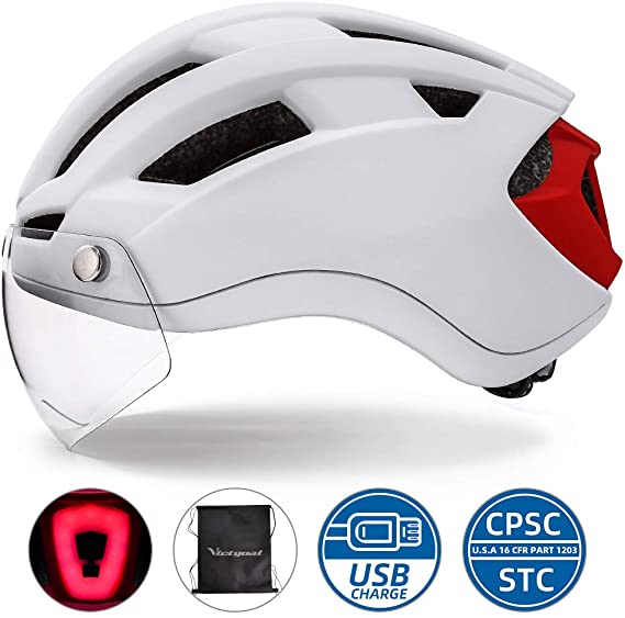 VICTGOAL Bike Helmet with USB Rechargeable Rear Light Removable Magnetic Shield Visor Mountain & Road Bicycle Helmet Adults Cycling Helmets for Men/Women Size (M/L, L/XL)