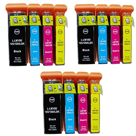 HOTCOLOR Combo Set High Yield Compatible Ink Cartridge Lexmark 100XL 100 XL 12 Pack(3 Black & 3 Cyan & 3 Magenta & 3 Yellow) fits to Lexmark Printers: Pinnacle Pro901 Genesis S815 Genesis S816 Platinum Pro905 Prospect Pro205 Institution S505 Interpret S405 Impact S301 Impact S305