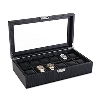 SWEETV 12 Slot Watch Box for Men - Carbon Fiber Watch Display Storage Case Organizer w/ Glass Top, Black