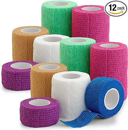 Self Adherent Cohesive Tape Rolls - Pack of 12-1" 2" 3"x5 Yards Combo Pack, Self Adhesive Bandage Rolls & Sports Athletic Wrap for Ankle, Wrist, Sprains and Swelling, Vet Wraps (Bright Neon Colors)