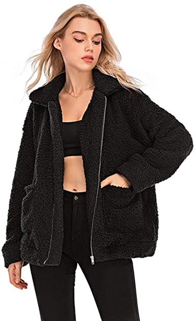 DUBUK Fuzzy Faux Women Coat Casual Lapel Fleece Shearling Zipper Warm Winter Oversized Outwear Jackets