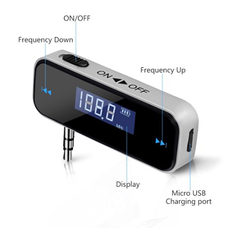 FX-Victoria FM Transmitter 3.5 mm with Built-in Lithium Battery for apple iPhone, iPod, iPad, Samsung Galaxy, Huawei and other Android /Windows Smart Phones or Audio Equipment with 3.5 mm Audio Jack