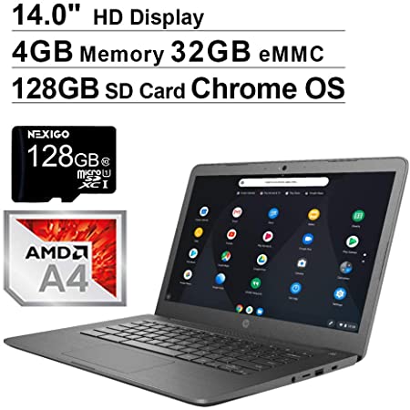 2020 Newest HP Chromebook 14 Inch Laptop, AMD A4-9120C up to 2.4 GHz, 4GB DDR4 RAM, 32GB eMMC, WiFi, Bluetooth, Webcam, Chrome OS, Gray   NexiGo 128GB MicroSD Card Bundle