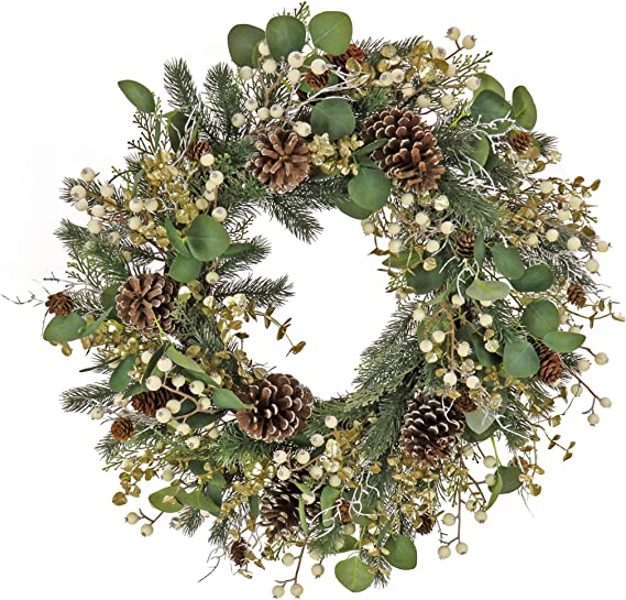 HGTV Home Collection Unlit Artificial Christmas Wreath, Mixed Branch Tips, Woven Branch Ring Base, Unlit, 26 Inches