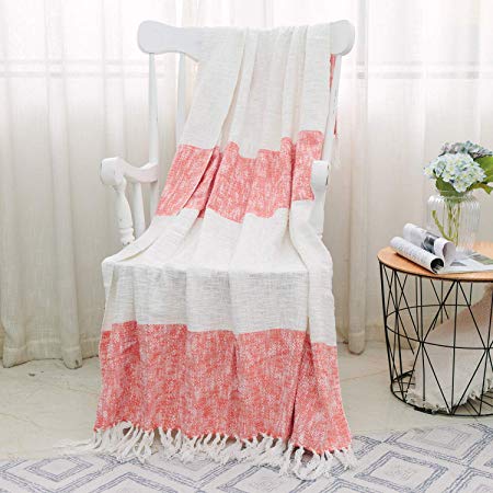 NordECO 100% Cotton Throw Blanket with Tassels, Breathable Washable Lightweight and Soft Throws for Daily Use, Orange and White, 47"x 62"