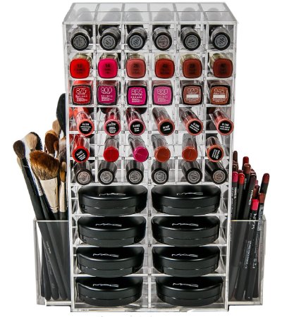 N2 Makeup Co Spinning Acrylic Makeup Organizer, Holds 72 Lipstick Holder Slots, Brushes & 16 Powder Compact Cases, Clear Cosmetics Storage Box