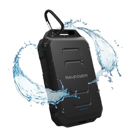 Outdoor Charger RAVPower 10050mAh Outdoor External Battery Portable Charger Waterproof Dustproof and Shockproof Rugged Power Bank Built-in Flashlight iSmart Technology - Black