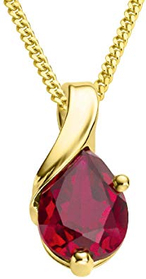 Miore 9 kt (375) Yellow Gold Pear Shape Ruby Pendant Necklace on 45cm Curb Chain for Women